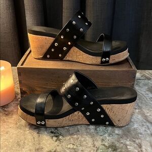 Corkys Black and Tan Studded Wedge Sandals